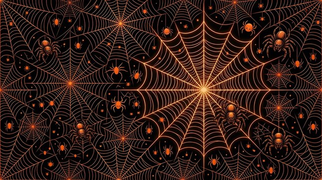 Halloween seamless pattern with glowing orange spider webs and spiders on black background