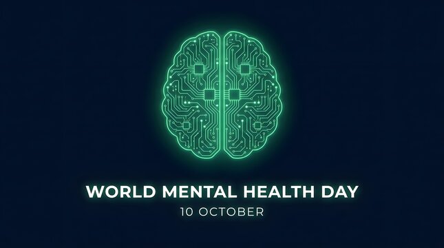 World Mental Health Day banner with glowing digital green brain technology concept on dark background
