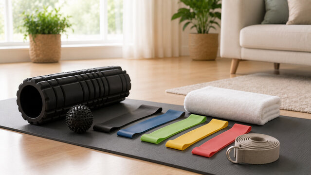 Home physiotherapy equipment with resistance bands, foam roller and massage ball on exercise mat
