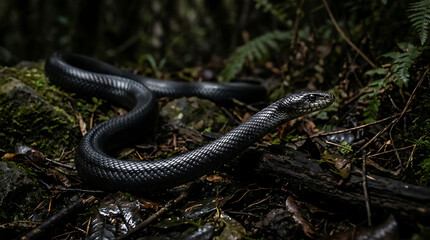 Fototapeta premium Sleek Black Snake Slithering Through Dark Forest Floor Amidst Leaves and Branches