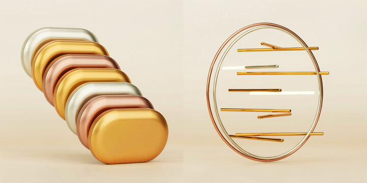 Stacked metallic oval capsules and floating circular ring with horizontal rods