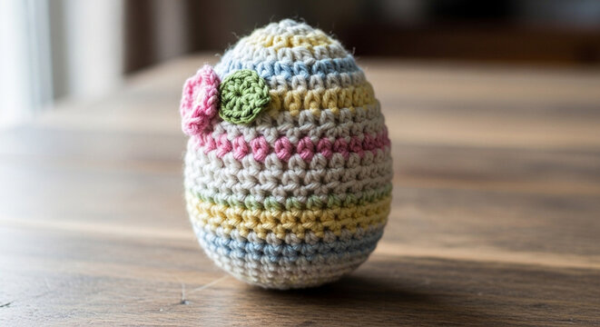 Handmade crochet Easter egg with floral decoration on a wooden table surface.
