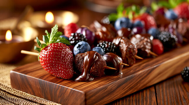 Fresh fruit skewers with melted chocolate served on a wooden board at a party, catering