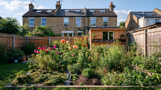 Fragrance development chemist modest brick terrace home wide establishing shot garden cluttered with drying herbs former banker now perfumer rows of brown bottles on shed shelf neighbor watching ove