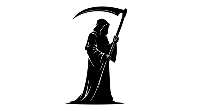 Grim reaper silhouette with scythe. Dark hooded death figure vector. Spooky gothic character for Halloween and horror designs.