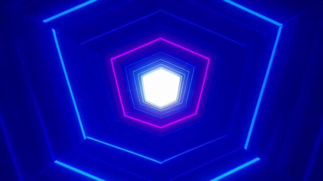 Abstract Neon Pentagonal Tunnel Motion Background with Glowing Light Effects.
