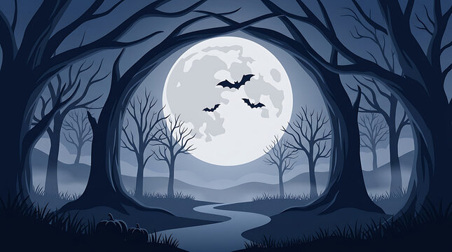 Spooky forest landscape silhouette under full moon with flying bats landscape silhouette halloween background wilderness woodland