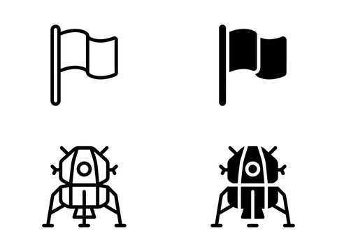 Flag and lunar lander icon set in outline and solid vector format