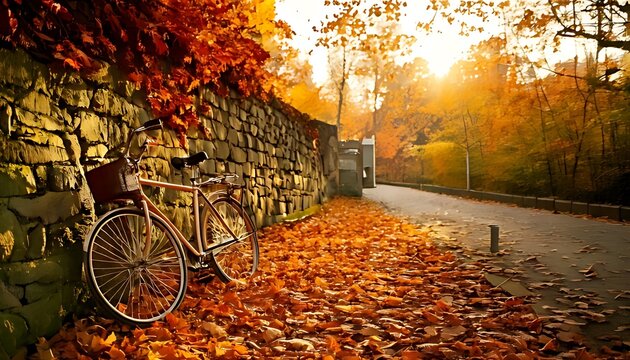 A bicycle parked against an old stone wall on a beautiful autumn day.
