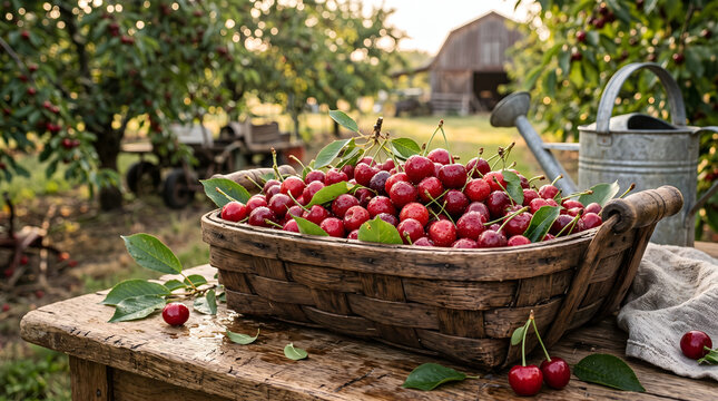 Freshly picked cherries inside a rustic wooden basket with scattered leaves and tiny water droplets, natural farm setting, food photography