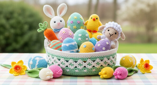 Crochet Easter basket with handmade yarn eggs, bunny, chick and lamb toys