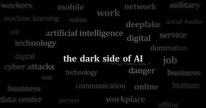 Dark side of AI headline news across international media seamless looped. Abstract concept news titles broadcast on screens loop. 