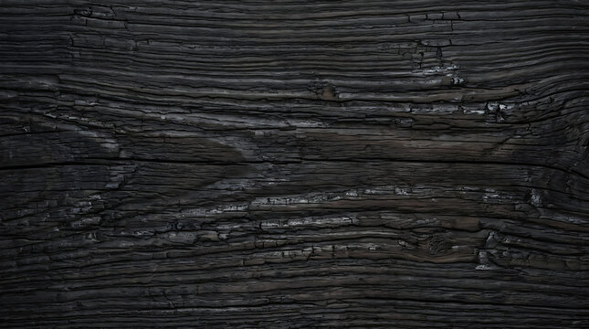 Close-up of charred burnt wood surface showcasing dark textured layers and cracked patterns in a natural burnt condition