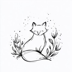 Naklejka premium A hand-drawn fox sits among light leaf sketches. This artistic work shows a detailed yet simple design of the animal and plants.