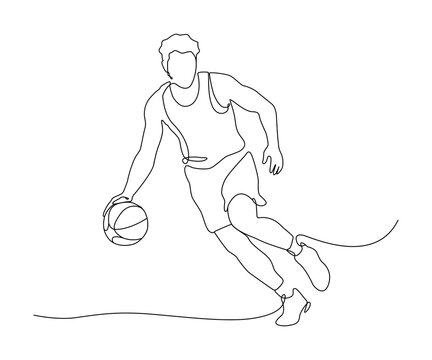 A dynamic minimalist continuous line illustration of a basketball player dribbling the ball while moving forward!