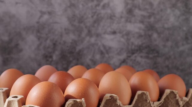 Close-up rotating shot of fresh brown chicken eggs arranged in a row against a dark textured background, food ingredient and farm produce concept.