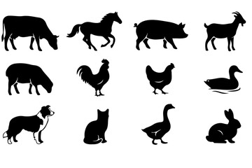 Obraz premium Farm & Pet Animal Silhouette Set - 12 Black Vector Icons
