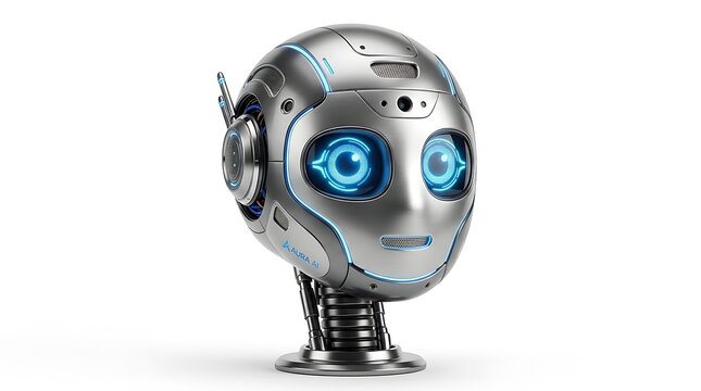 Futuristic robotic head with glowing blue eyes and metallic surface detail isolated on white background