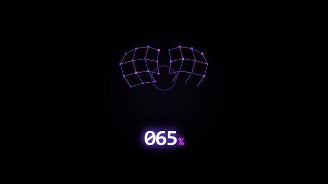 Digital animation showing a purple wireframe structure being rendered on a black background, with a percentage counter tracking progress from 16% up to 93%.