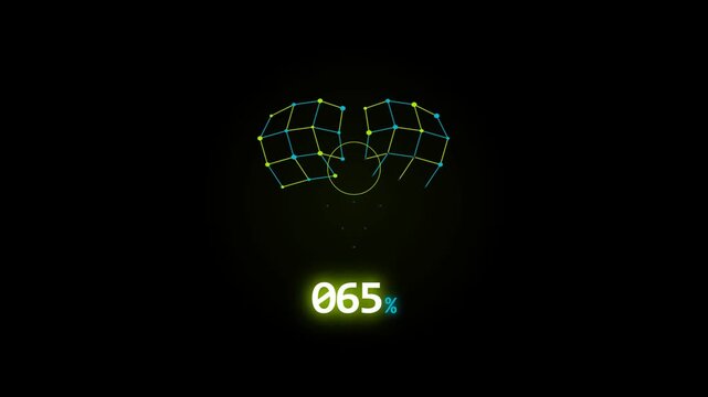 A futuristic HUD animation shows a growing geometric wireframe mesh accompanied by a rising percentage counter, simulating a high-tech data processing or loading sequence.
