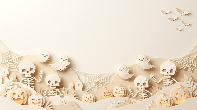 A spooky and delightful halloween scene a pastel colored backdrop featuring skeletons pumpkins and ghostly elements for festive celebrations and creative projects