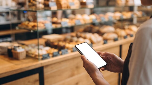 A person holding a smartphone in front of a bakery display case filled with baked goods.