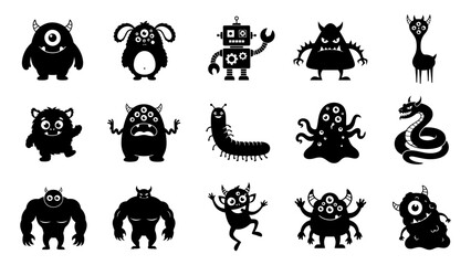 Obraz premium Set of various cute and scary monster silhouettes for children designs and creative graphic projects on white background
