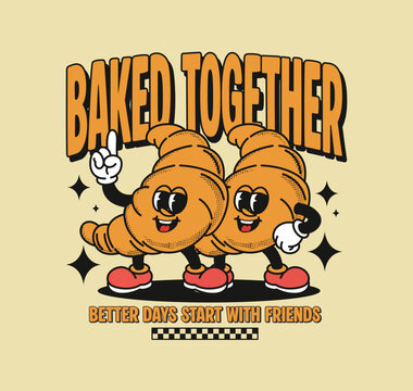Retro croissant mascot duo in a vintage cartoon style, cheerful expressions. Colorful bakery illustration for stickers, apparel, and prints  