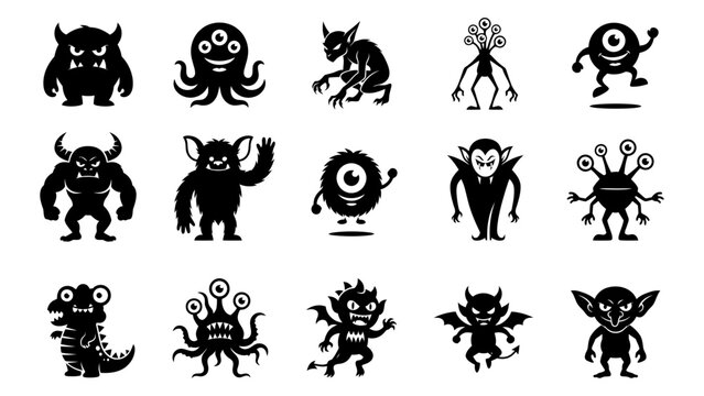 Set of black silhouettes of various funny and scary monsters aliens and mythical creatures isolated on white background