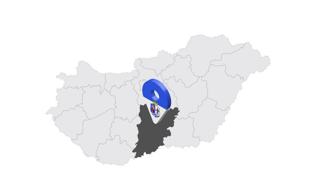Location Bacs Kiskun County on map Hungary. 3d Bacs Kiskun emblem map marker location pin. Map of Hungary showing different parts. 4K.  Animated Video