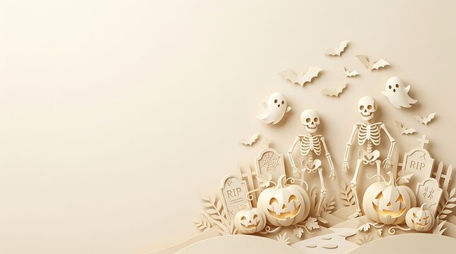 A whimsical and enchanting halloween scene crafted from paper showcasing a delightful spooky town with pumpkins bats and ghosts perfect for festive designs
