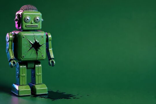 Retro toy robot with cracked chest on green background