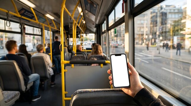 A person holds a smartphone with a blank screen while riding a bus, looking out the window at the city street.