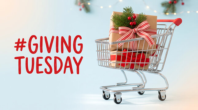 Shopping cart filled with wrapped Christmas gift boxes for Giving Tuesday charity donation and holiday sales