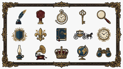 Clean Vintage Gold and Dark Blue Ornate Icons Set Featuring Quill Seal Pocket Watch Key Magnifying Glass Crest Fleurs de lis Book Carriage Clock Oil Lamp Phonograph Crown Globe Binoculars © Solimah