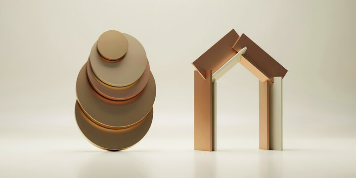 Stacked bronze circular discs and a house shaped structure on light surface