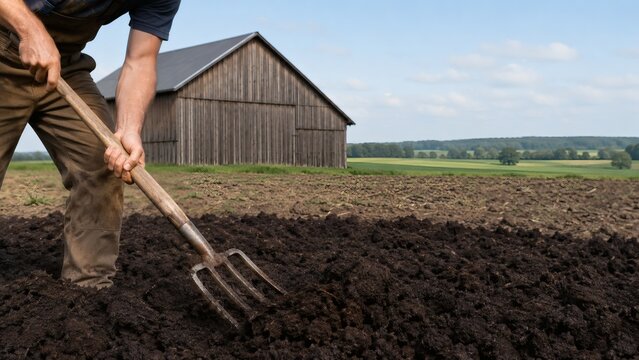 Farmer using a pitchfork to turn and till dark soil on a rural farm field near a wooden barn with pitchfork, agriculture