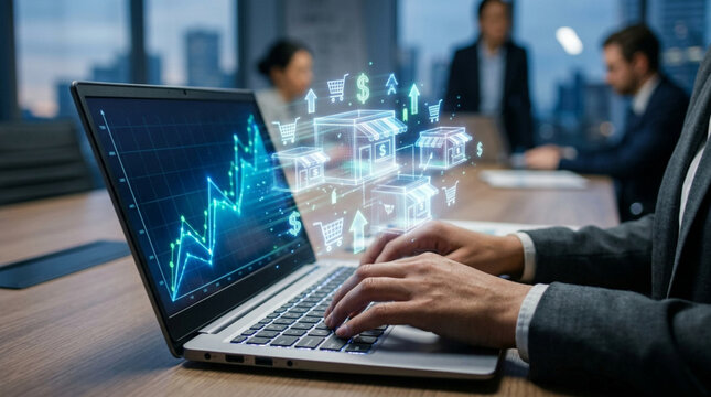 E-commerce growth concept: laptop with digital retail icons and financial chart