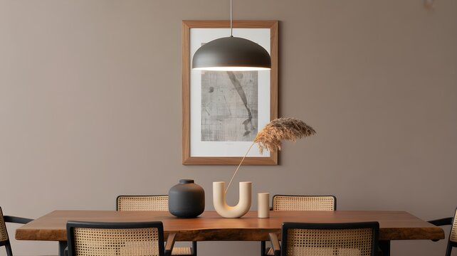 Modern dining room interior with wooden table, rattan chairs, and minimalist decor, featuring a framed artwork on a neutral wall