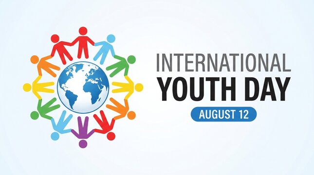 International Youth Day banner for August 12, colorful people figures holding hands around earth globe, global unity concept