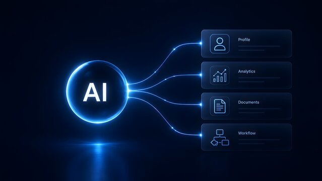 Futuristic AI glowing orb connecting to digital interface panels displaying automated profile analytics documents and workflow management tasks