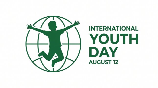 International Youth Day August 12 banner, green silhouette of jumping boy on globe, global youth celebration graphic