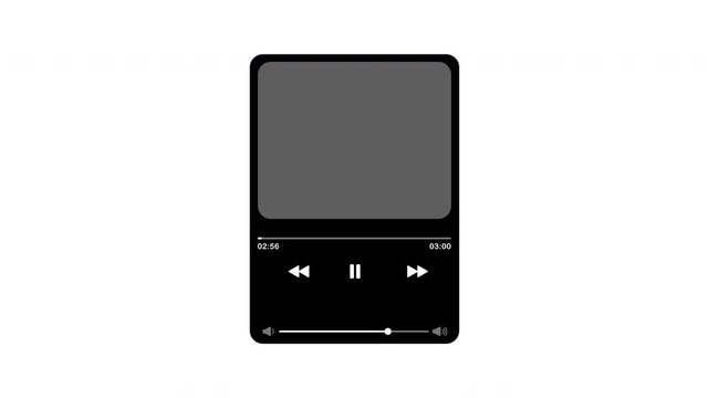 music player mp3 interface box rectangle display with counter duration 3 minutes, icon backward, forward playback, bar tracker music playlist, and volume indicator