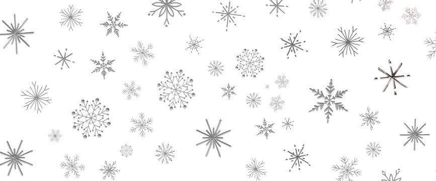 Elegant silver snowflakes scattered across a clean white background, perfect for winter themes.