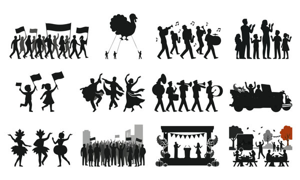Collection of thanksgiving parade and festival silhouettes featuring marching bands, dancers, crowds, floats, and festive outdoor activities