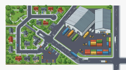 Obraz premium Minimalist Aerial View of Industrial Warehouse Complex Surrounded by Residential Area with Colorful Shipping Containers