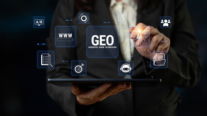 Obraz premium Business Professional Using Tablet for Digital Marketing Analytics and Data Visualization with Icons Related to AI and Online Performance Enhancement. Glyphic.