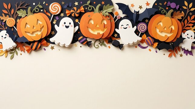 A spooky and delightful halloween flat lay featuring jack o' lanterns playful ghosts vibrant autumn leaves and other festive decorations for a creepy celebration