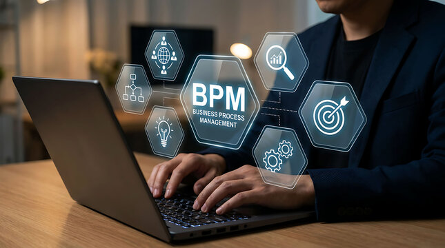 Business process management concept professional working on laptop
