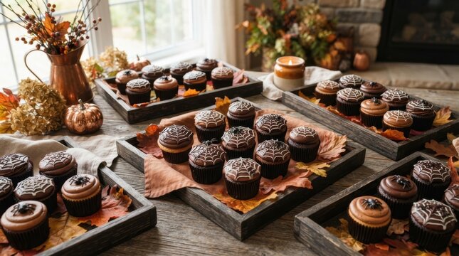Delicious Halloween cupcakes decorated with spider webs and spiders on wooden trays